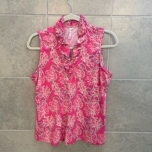 Lulu-B Sleeveless Ruffle V Neck Pink White Large